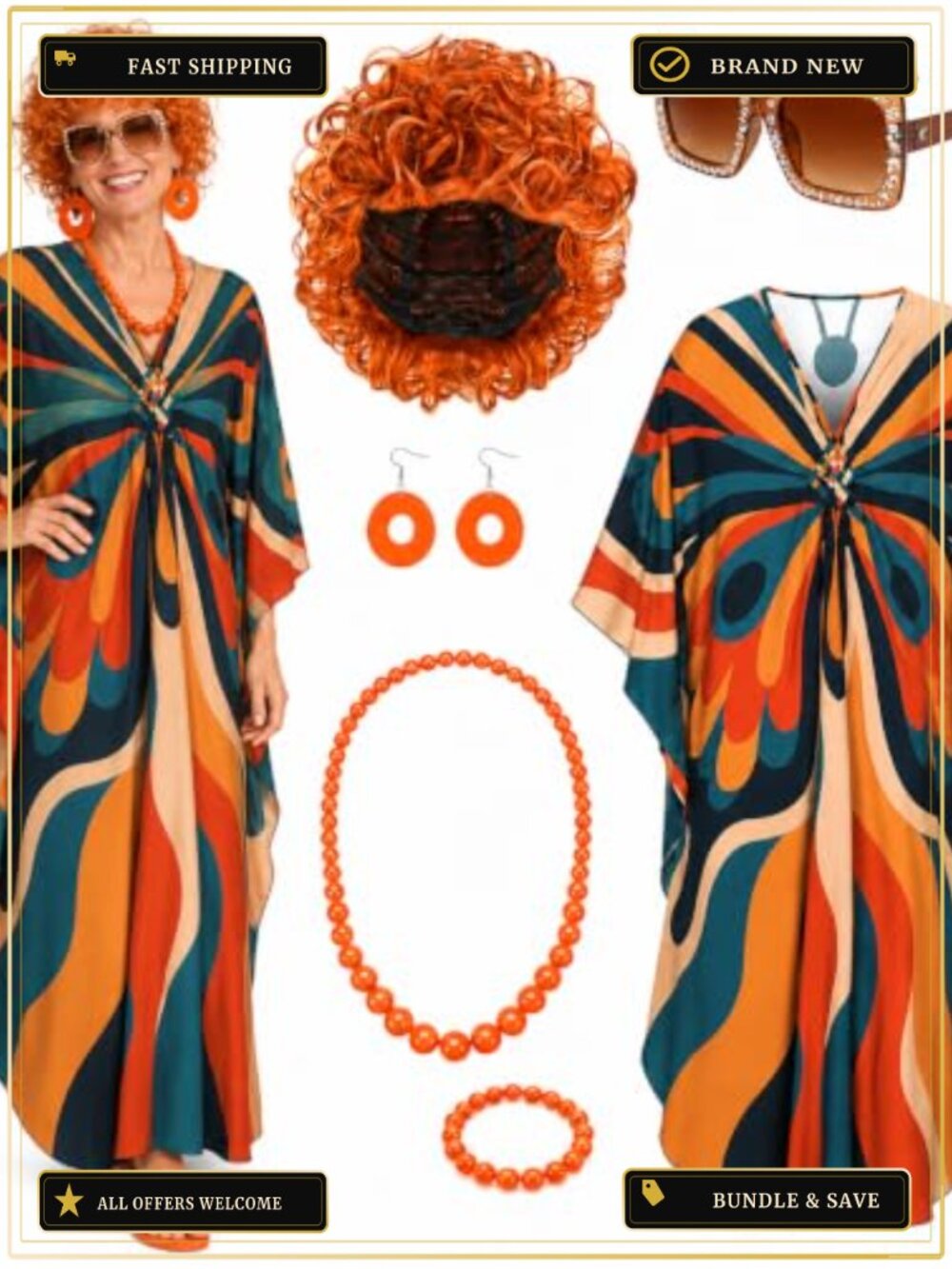 6 Pc Women's Landlady Costume Set Caftan Dress Curly Wig Jewelry & Glasses